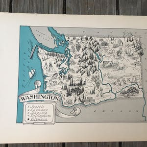 Vintage Karte von Washington State , antike Illustration 1930er Jahre