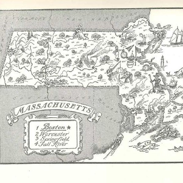 Vintage Massachusetts Map, Book Page from the 1950s, Rustic Decor