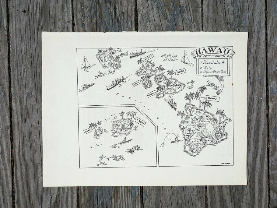 Vintage Hawaii Map Travel Wall Art, 1960s State Map of Hawaii Gift