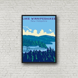 Lake Winnipesaukee Wall Art, Vintage Style New Hampshire Poster