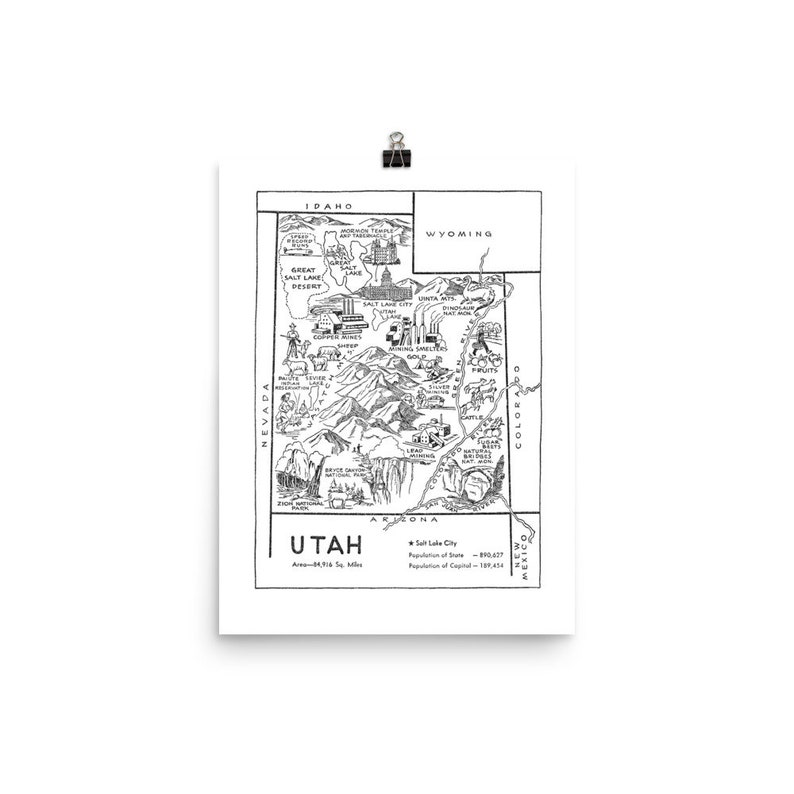 Utah Map Print Instant DOWNLOAD, State of Utah DIGITAL Print from 1950s image 5