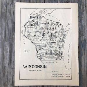 Página do livro para colorir do mapa de Wisconsin da década de 1950, arte de viagens estaduais vintage para crianças