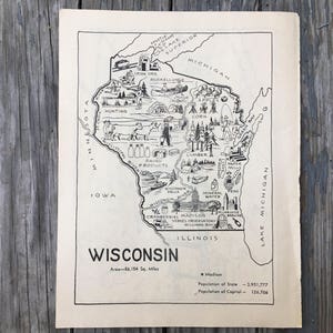 Wisconsin Map Coloring Book Page from the 1950s, Vintage Kids State Travel Art