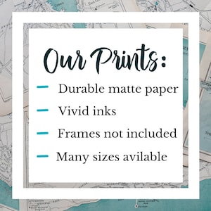 May include: Text on a white background with a teal blue border reads "Our Prints:" followed by a list of bullet points: "Durable matte paper", "Vivid inks", "Frames not included", and "Many sizes available".