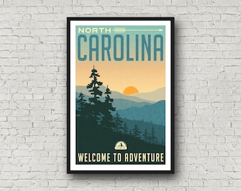 Poster de voyage imprimé Caroline du Nord, décoration d'intérieur de style vintage