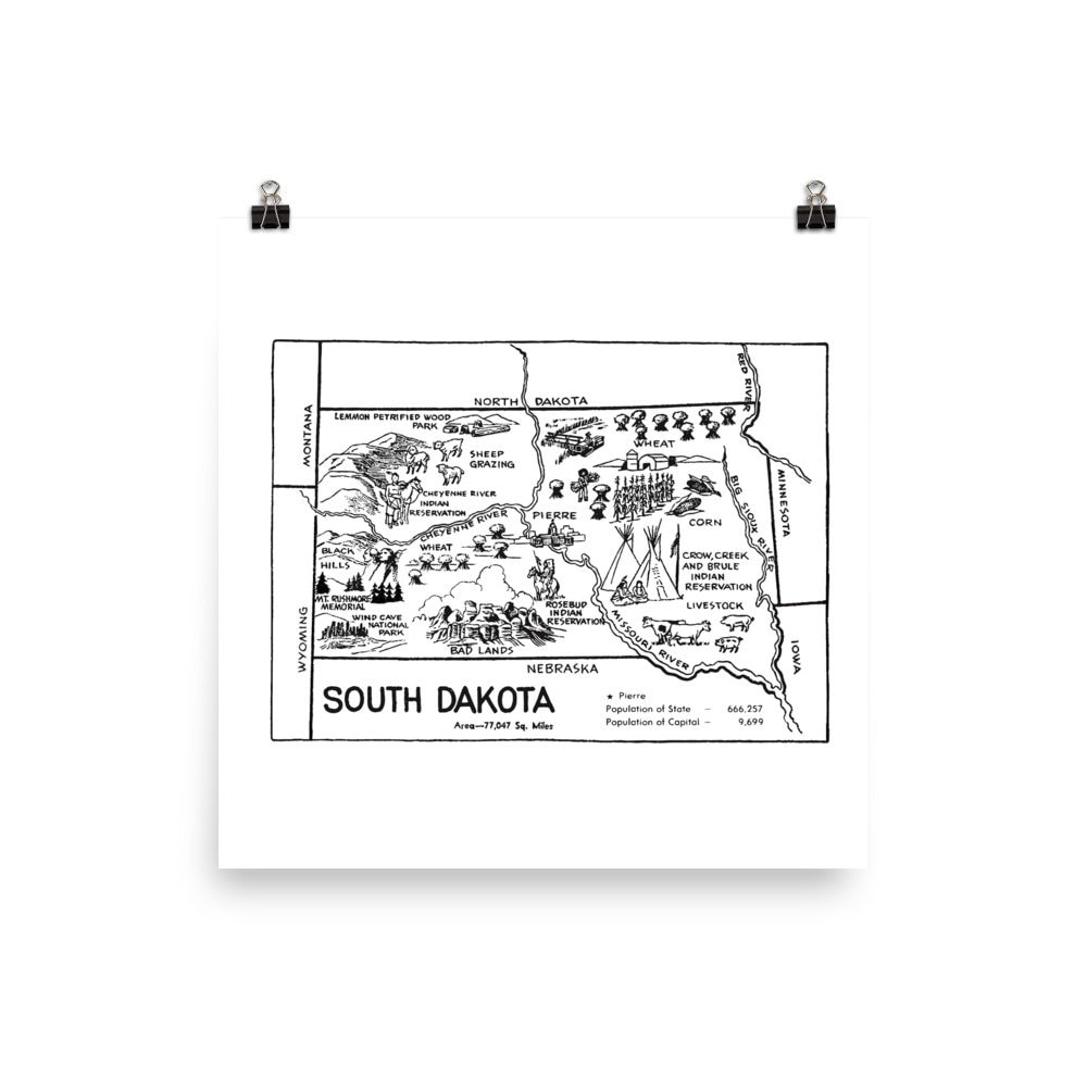 South Dakota Art South Dakota Map Poster State Wall Art Etsy