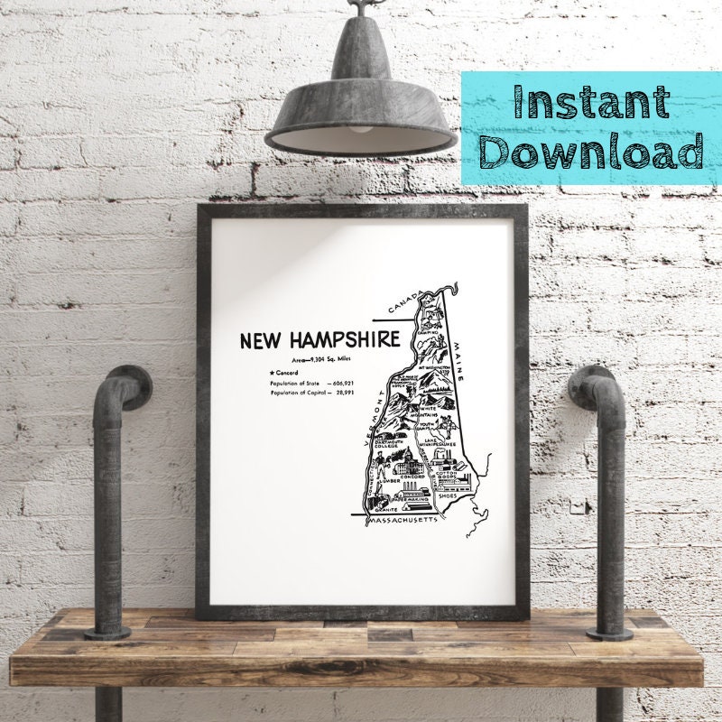 Fine Art Digital Painting Multiple Sizes New Hampshire Map Poster Watercolor Print 12x18 to 24x36 Vintage Paper Colors Style
