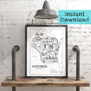 Wisconsin Map DIGITAL Printable Art, 1950s State Wall Art Travel Decor Instant DOWNLOAD