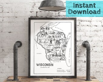 Wisconsin Map DIGITAL Printable Art, 1950s State Wall Art Travel Decor Instant DOWNLOAD