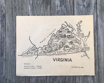 Vintage Virginia Map Art, 1950s Coloring Book Page, State Map Home Decor
