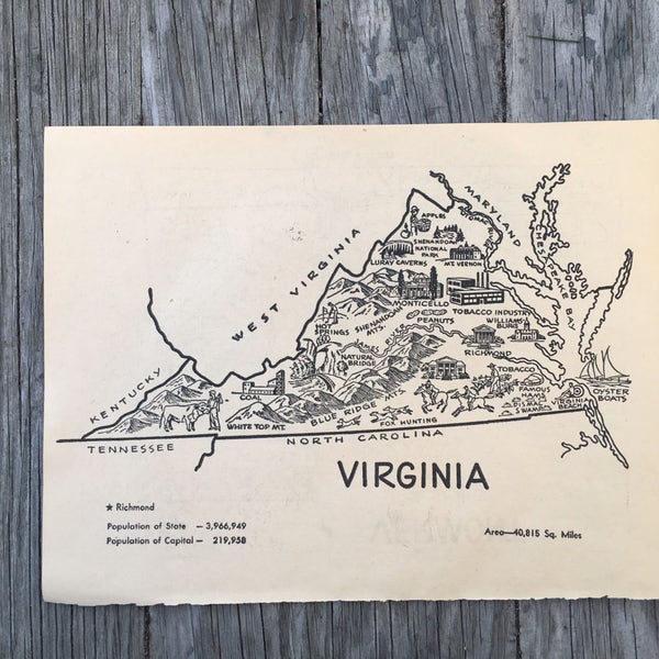 Vintage Virginia Map Art, 1950s Coloring Book Page, State Map Home Decor