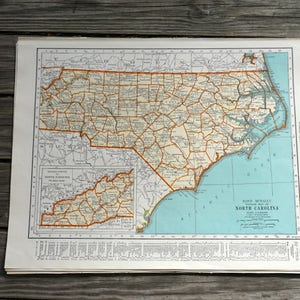 Mappa antica della Carolina del Nord da un atlante del 1939, decorazione da parete degli Stati Uniti