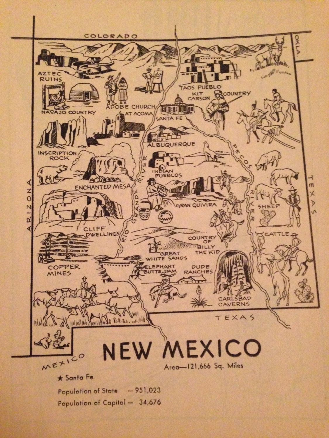 New Mexico Map Coloring Book Page From the 1950s, Vintage Travel Decor ...