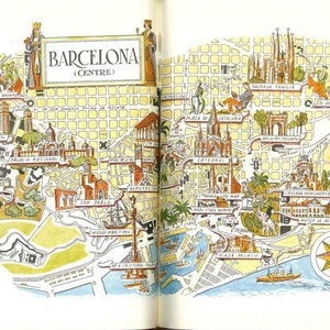 Page de livre d'art vintage carte de Barcelone, cadeau de voyage en Espagne