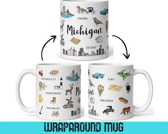 Taza de Michigan con diseño envolvente de lugares emblemáticos