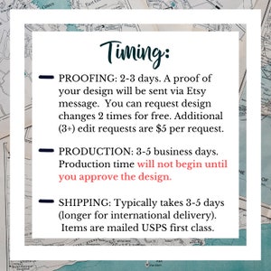 Puede incluir: Una tarjeta blanca con texto negro que describe el tiempo de entrega de un pedido personalizado. El texto dice "Timing: PROOFING: 2-3 d&iacute;as. Se le enviar&aacute; una prueba de su dise&ntilde;o a trav&eacute;s de un mensaje de Etsy. Puede solicitar cambios de dise&ntilde;o 2 veces gratis. Las solicitudes de edici&oacute;n adicionales (3+) cuestan $ 5 por solicitud. PRODUCCI&Oacute;N: 3-5 d&iacute;as h&aacute;biles. El tiempo de producci&oacute;n no comenzar&aacute; hasta que apruebe el dise&ntilde;o. ENV&Iacute;O: Tarda generalmente 3-5 d&iacute;as (m&aacute;s tiempo para la entrega internacional). Los art&iacute;culos se env&iacute;an por USPS de primera clase."