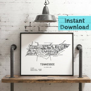 Mapa de Tennessee (arte imprimible, descarga digital) Arte mural estatal de los años 50