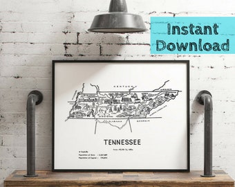 Carte du Tennessee PRINTABLE Art, DIGITAL Télécharger 1950s State Wall Art Travel Gift