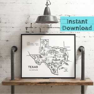 Texas Map Printable DIGITAL Art, 1950s State Wall Decor Instant DOWNLOAD