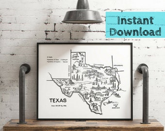 Texas Printable DIGITAL Art, Texas Map State Wall Art, 1950a Travel Decor Instant DOWNLOAD