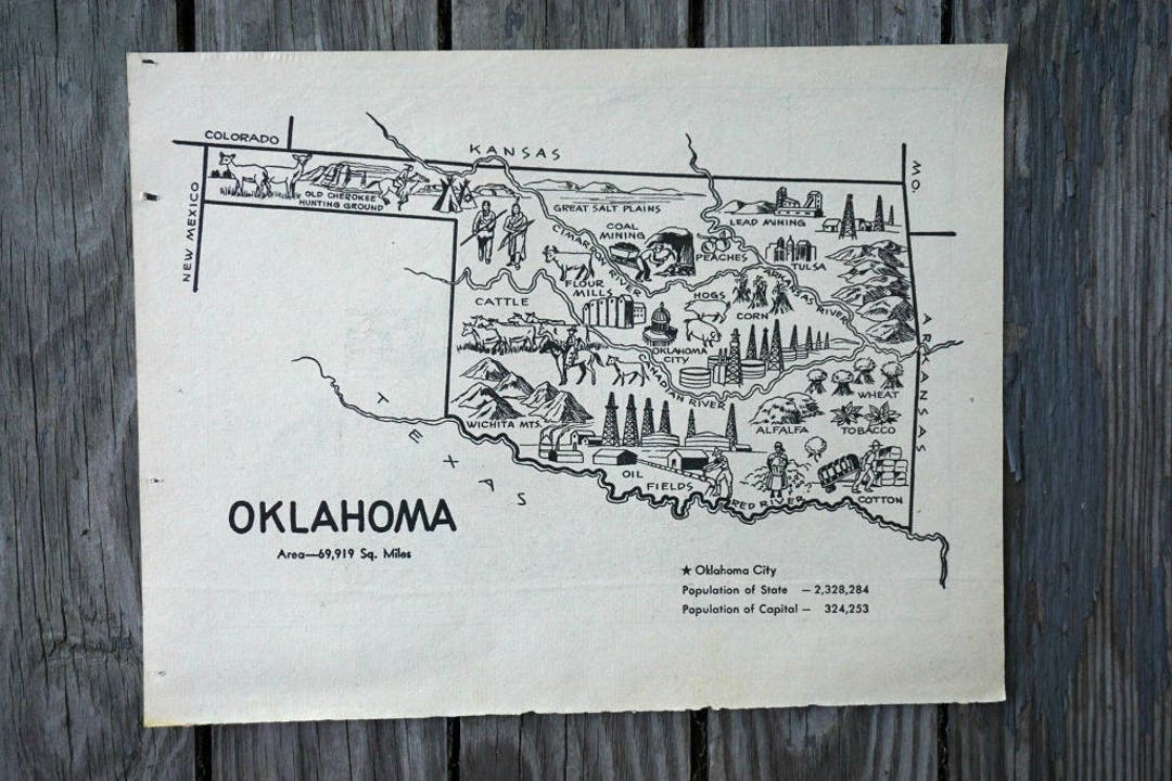 Vintage Oklahoma Map Coloring Book Page, 1950s State Illustration - Etsy