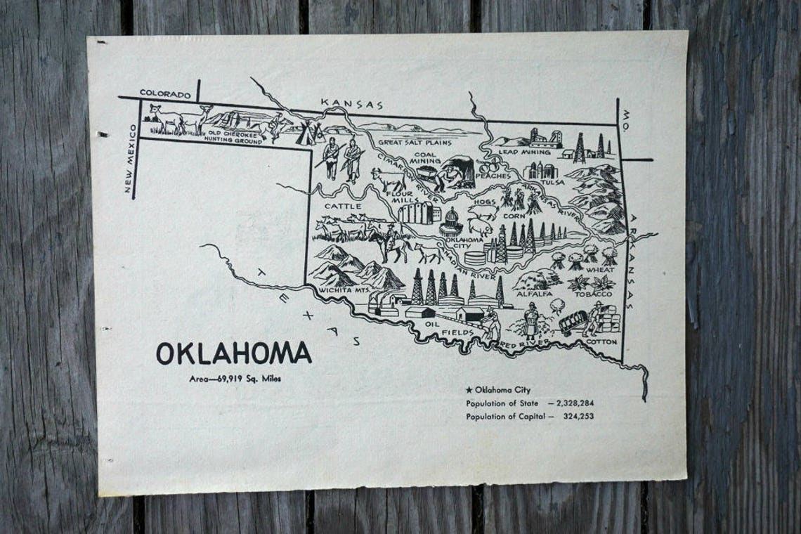Vintage Oklahoma Map Coloring Book Page 1950s State Map - Etsy