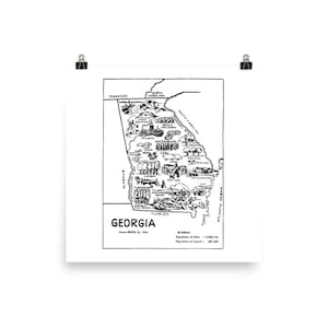 May include: A black and white line drawing of the state of Georgia, with various icons representing the state's features, such as peaches, cotton, and the state capitol building. The text "GEORGIA" is printed below the map, along with the state's area and population information.