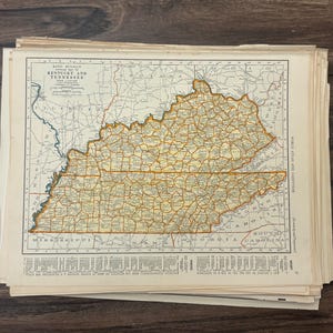 Kentucky and Tennessee Map Atlas Page, 1939 Antique Travel Art