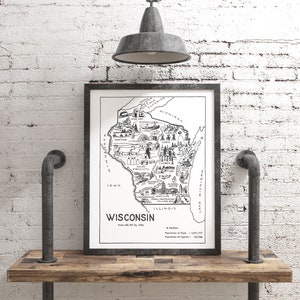 Vintage Wisconsin Print Travel Map Poster, 1950s State Wall Art