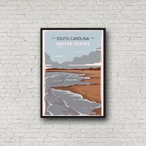 South Carolina Print Travel Art, Vintage Style State Poster