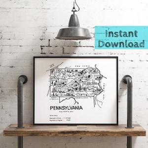 Mapa de Pensilvania (arte digital imprimible de la década de 1950, descarga instantánea)