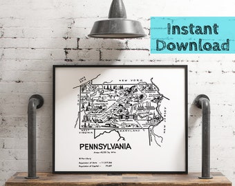 Pennsylvania Map DIGITAL Printable Art from 1950s, Instant DOWNLOAD
