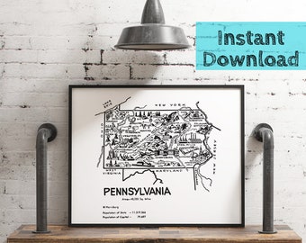 Pennsylvania Map DIGITAL Printable Art from 1950s, Pennsylvania Print Instant DOWNLOAD