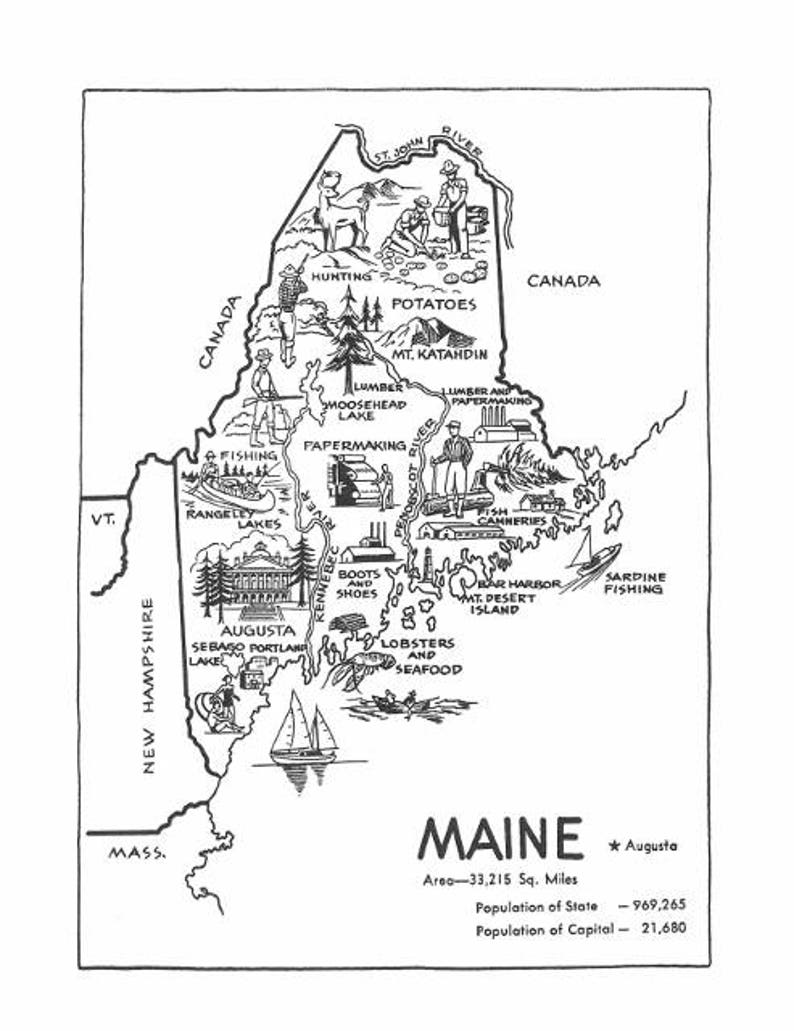 Maine Map DIGITAL Printable Map From 1950s State Wall Art | Etsy