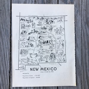 New Mexico Map Coloring Book Page from the 1950s, Vintage Travel Decor