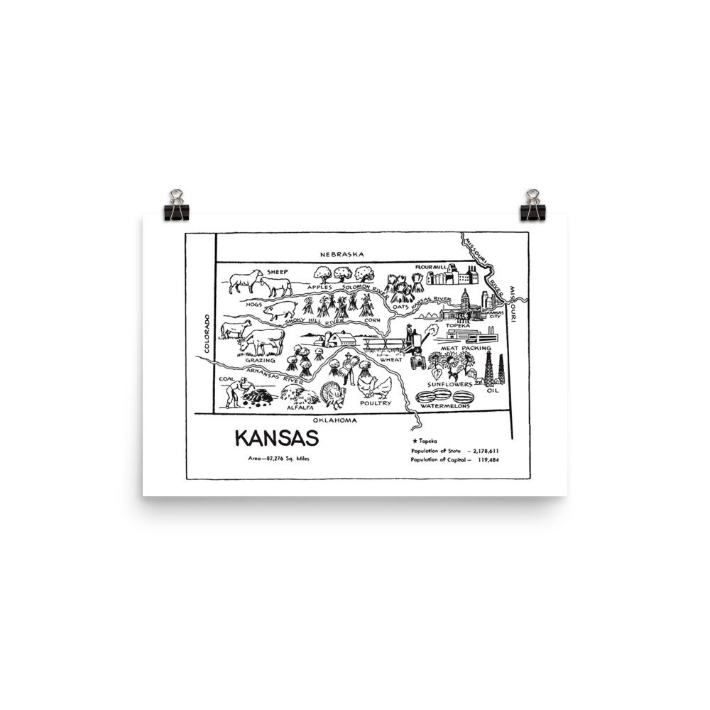 Kansas Map Prints State Wall Art Kansas Poster Travel Decor Etsy
