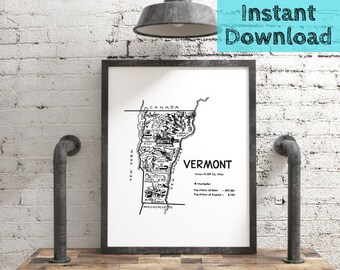 Vermont Map DIGITAL Printable Art from 1950s, State of Vermont Print Instant DOWNLOAD