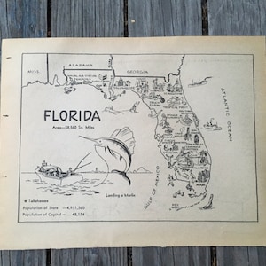 Kaart van Florida kleurboekpagina / Vintage kaart Home State Decor / Florida kaart illustratie