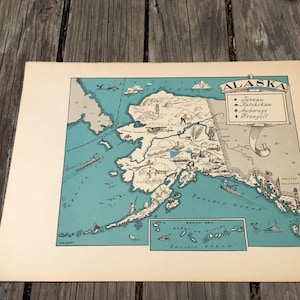 Carte ancienne de l'Alaska des années 30, oeuvre d'art murale de voyage
