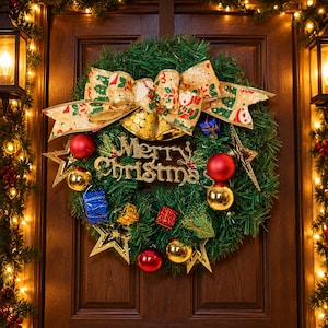 Christmas Door Wreath with Patterned Bow, Gold Bells and Colorful Ornaments, Merry Christmas Decor