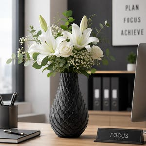 May include: A black textured vase holding white lilies, roses, and foliage. The vase is on a wooden desk with a pen holder, notebook, and a sign that reads "FOCUS". A computer monitor and a sign saying "PLAN FOCUS ACHIEVE" are in the background.