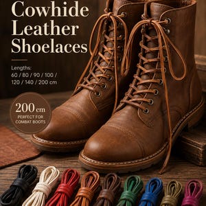 Puede incluir: Cordones de cuero de vaca genuino en varios colores, incluyendo negro, blanco, rojo, marrón, verde, azul y morado. El texto dice Genuine Cowhide Leather Shoelaces, Lengths: 60 / 80 / 90 / 100 / 120 / 140 / 200 cm y 200 cm.