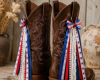 Westernlaarsstrikje, rood-wit-blauw lint schoenaccessoire, cowboylaarsdecoratie, handgemaakte leren schoendecoratie, cadeau