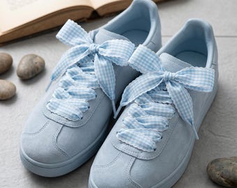 Lichtblauw ginganglint schoenveters 1" brede geschulpte coquette sneakerveters Leuke balletcore schoensnaren 39" 47" 51" schoenaccessoires