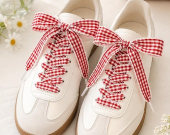Sznurowadła w kratkę gingham, szerokie sznurowadła z falbanką do butów sportowych, sznurowadła kokardkowe, sznurowadła w kratkę Cottagecore, 4 kolory, urocze ozdoby do butów