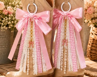 Bruine laarzenstrikken met koeienprint, westernlaarzenaccessoires, buffelruitlint, vetersluiting, schoendecoratie, landelijk cowgirlcadeau, feestelijke laarzenclips
