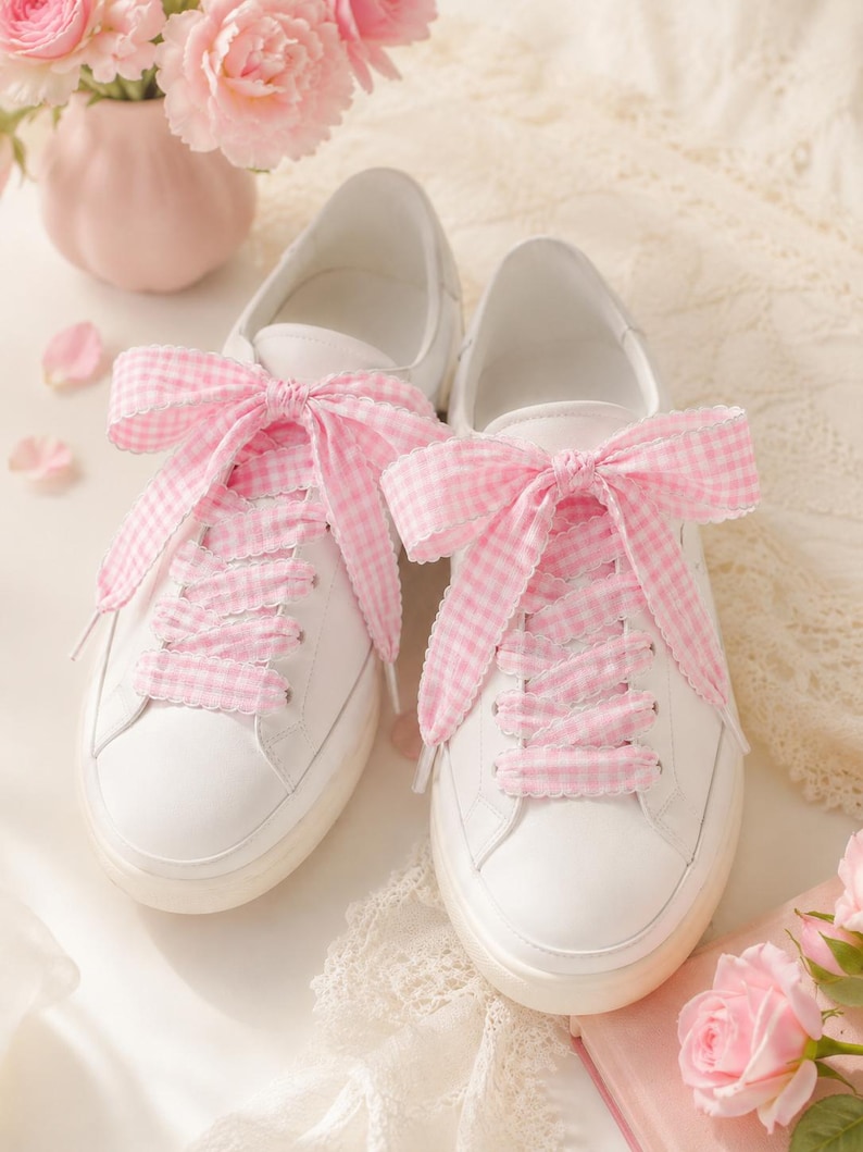 May include: A pair of white low-top sneakers featuring wide, light pink and white gingham patterned fabric laces tied into large bows at the top. The sneakers have a smooth white leather-like exterior, rounded toes, and thick white rubber soles.
