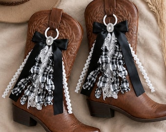Laarzenhangers Western laarzen accessoires Kanten lint schoendecoratie Cowboy laarsversiering Zwarte strik schoenhanger Festival cadeau voor haar