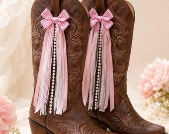 Roze geruite strikjes voor laarzen met kanten parelaccenten, accessoires voor western cowboylaarzen, speelse laarslinten, countryconcerten en festivals