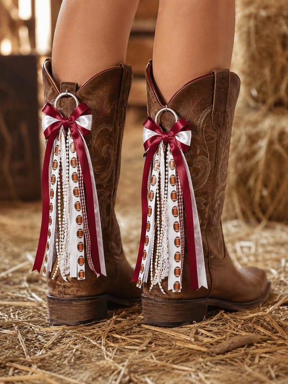 Football Boot Bows Set of 2, Red White Lace Cowgirl Boot Charms, Game Day Western Boot Accessories, 15cm Ribbon Tassels for Tailgate Outfit